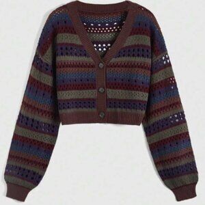 Romwe Hippie Color Block Striped Hollow Knit Cardigan Grunge Green Blue Maroon